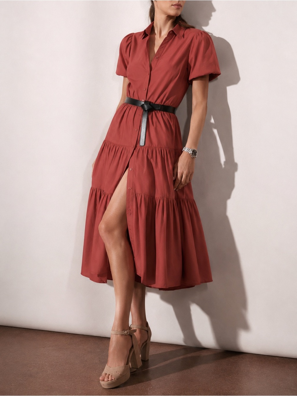 Brochu Walker Havana Tiered Midi Shirt Dress – Brick Red | Size XS